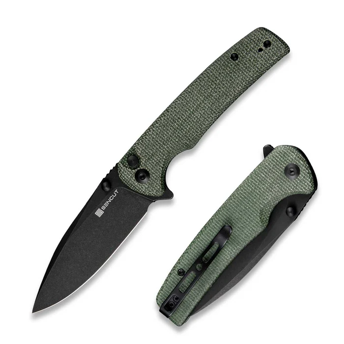 Sachse Flipper/Thumb Stud Folding Knife 3.47"" Black 9Cr18MoV Drop Point Plain Edge Blade, Green Micarta Handle | SN-S21007-2