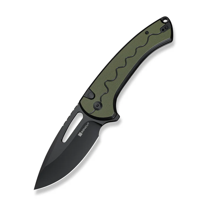SENCUT Squiggy Flipper & Thumb Hole & Button Lock Knife Black / Green G10 Handle | SN-S24082A-2