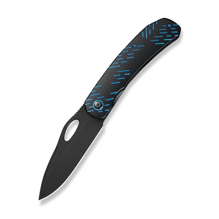 WEKNIFE Inmate Front Flipper & Thumb Hole Knife Black Titanium Handle With Blue Raindrops (3.7"" Black Stonewashed CPM 20CV Blade) | WE-WE23096B-2