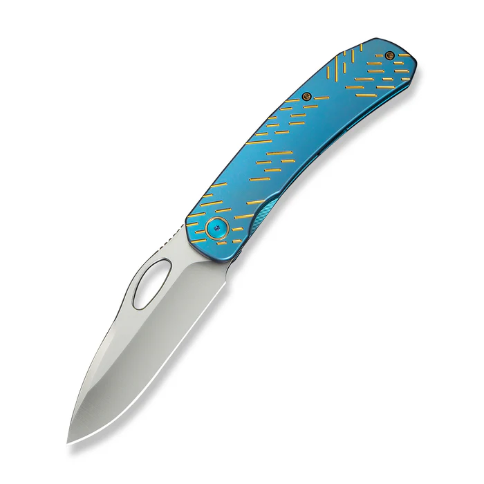 WEKNIFE Inmate Front Flipper & Thumb Hole Knife Blue Titanium Handle With Golden Raindrops (3.7"" Satin Finished CPM 20CV Blade) | WE-WE23096B-3
