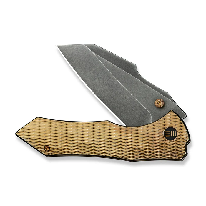 WEKNIFE High-Fin XL Thumb Stud Knife Diamond Patterned Golden Polished Titanium Handle (3.48"" Polished Gray CPM 20CV Blade) WE24010-3 | WE-WE24010-3
