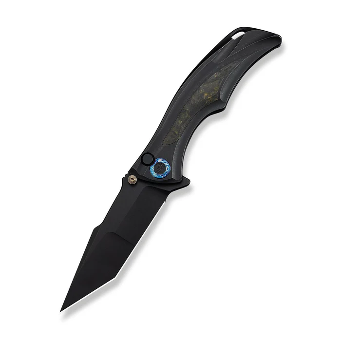 Tighe Down Flipper & Thumb Stud & Button Lock Knife Black Titanium Integral Handle With Black & Yellow Carbon Fiber Inlay (4"" Black Stonewashed Bohler M390 Blade, Tanto) | WE-WE24054B-1