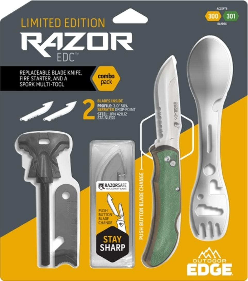 Outdoor Edge 3"" Razor Carry + Spork + Ferro Rod (2 Blades) | OE-P24RX30SF-2C