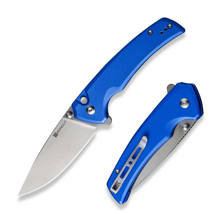 Serene Flipper/Thumb Stud Folding Knife 3.48"" Satin D2 Drop Point Plain Edge Blade, Bright Blue Aluminum Handle | SN-S21022B-4