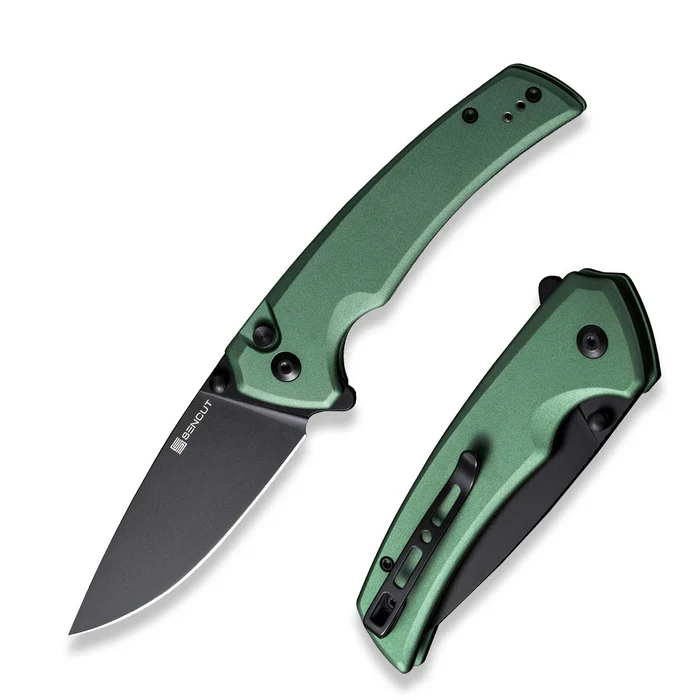 Serene Flipper/Thumb Stud Folding Knife 3.48"" Black D2 Drop Point Plain Edge Blade, Green Aluminum Handle | SN-S21022B-5