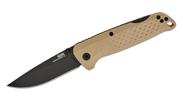 SOG Adventurer LB Lockback Folding Knife 3"" Black PVD Drop Point Blade, FDE Flat Dark Earth GRN Handles | SOG-13-11-05-43