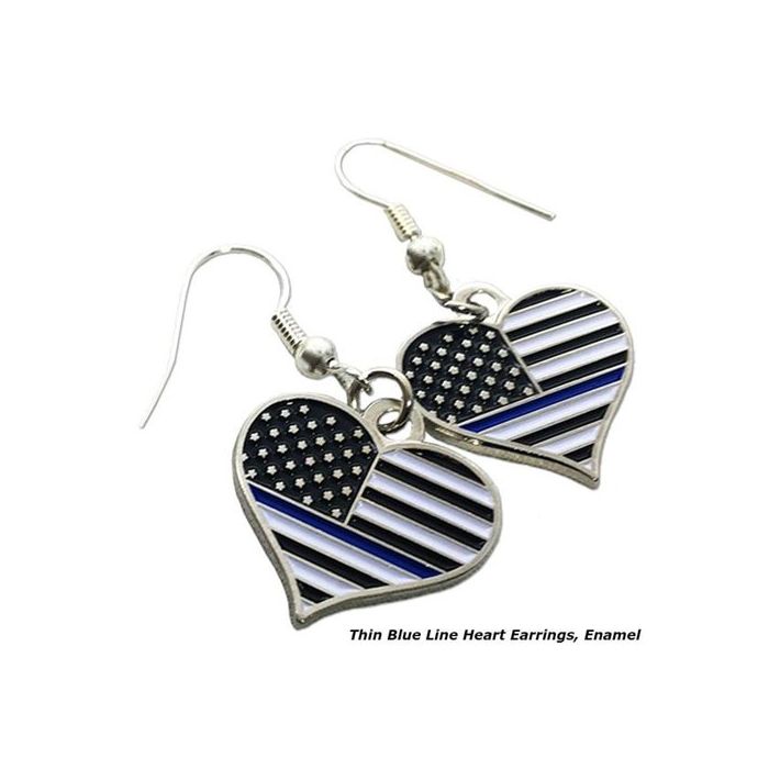 Thin Blue Line Heart Earrings, Rhinestone