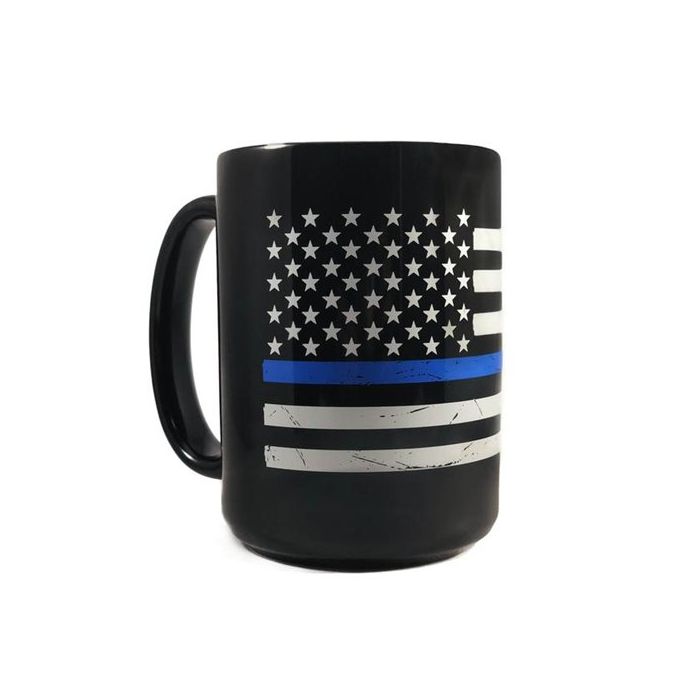 Distressed Flag Mug- Thin Blue Line, 15 oz