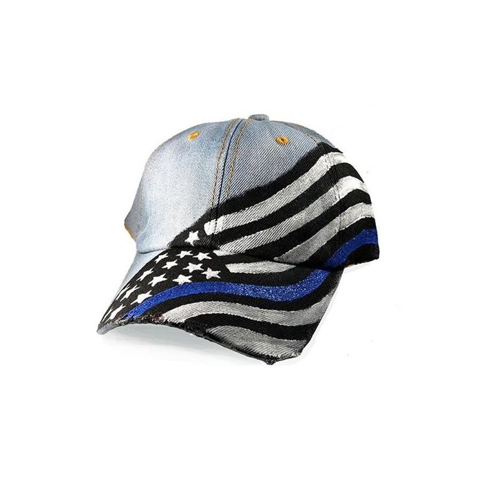 Women's Hand Painted Hat - Thin Blue Line Flag